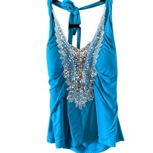 Cache Turquoise Sequin Halter Camisole